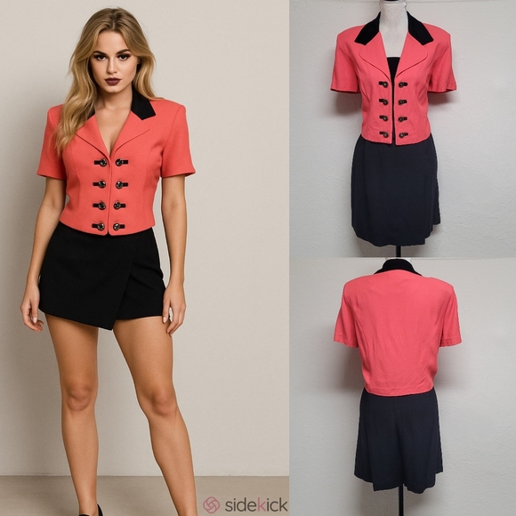 Vintage Pants - 80s Vintage S.L. Fashions Neon Peach Cropped Jacket Black Skort Two-Piece Set 14
